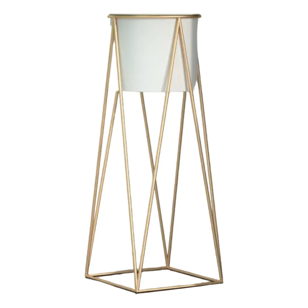 Porta Macetero Pedestal Blanco Dorado Mediano