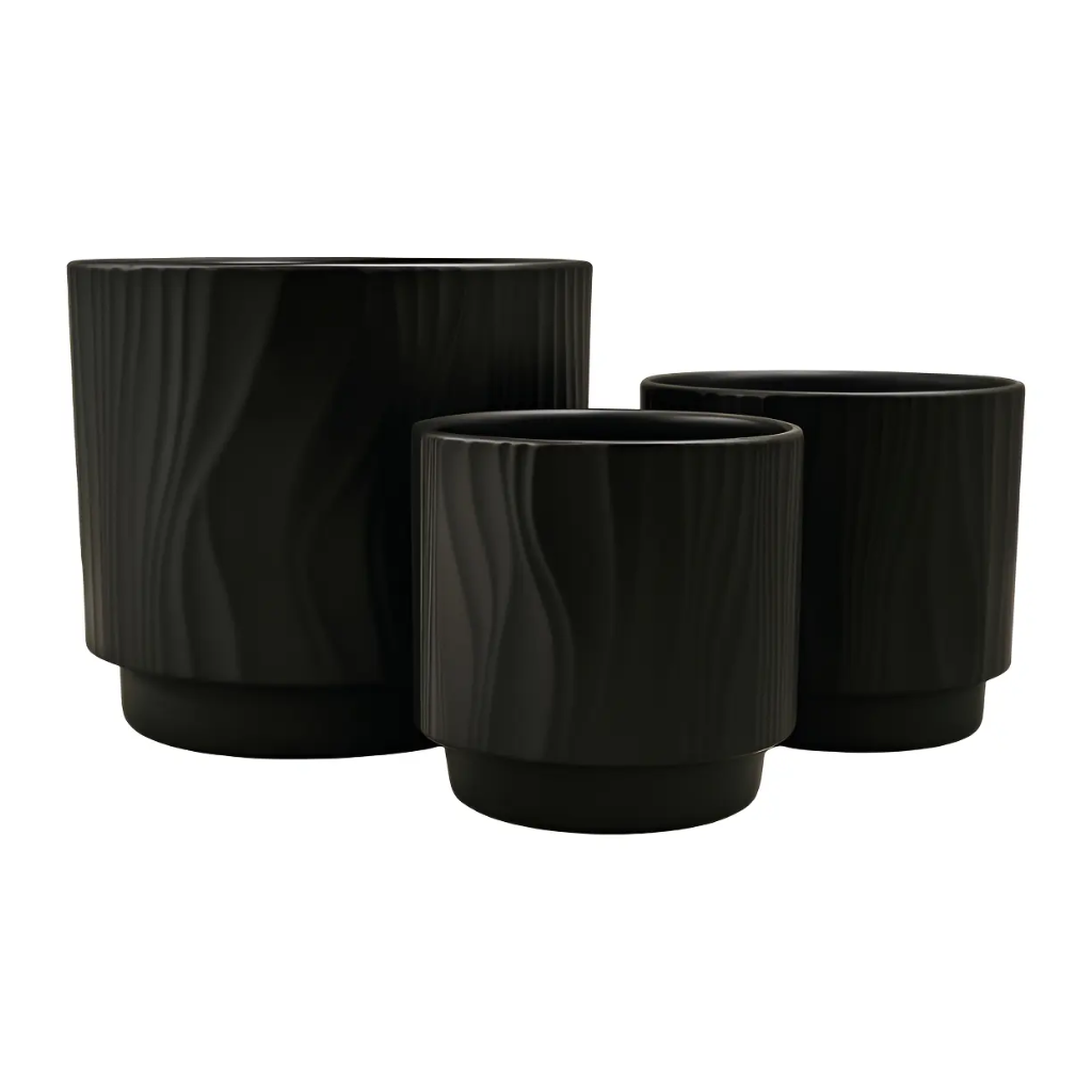 Set de 3 Maceteros de Cerámica Negro con Líneas