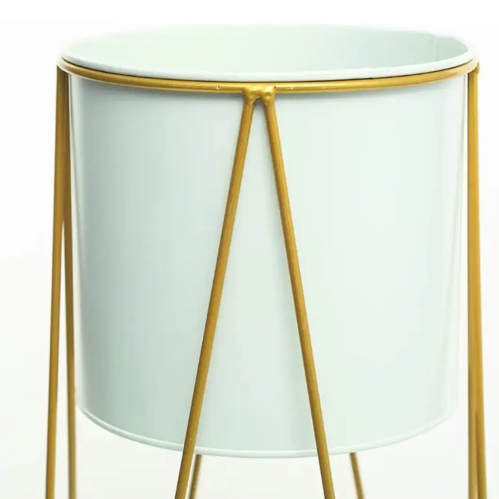 Porta Macetero Pedestal Blanco Dorado Mediano