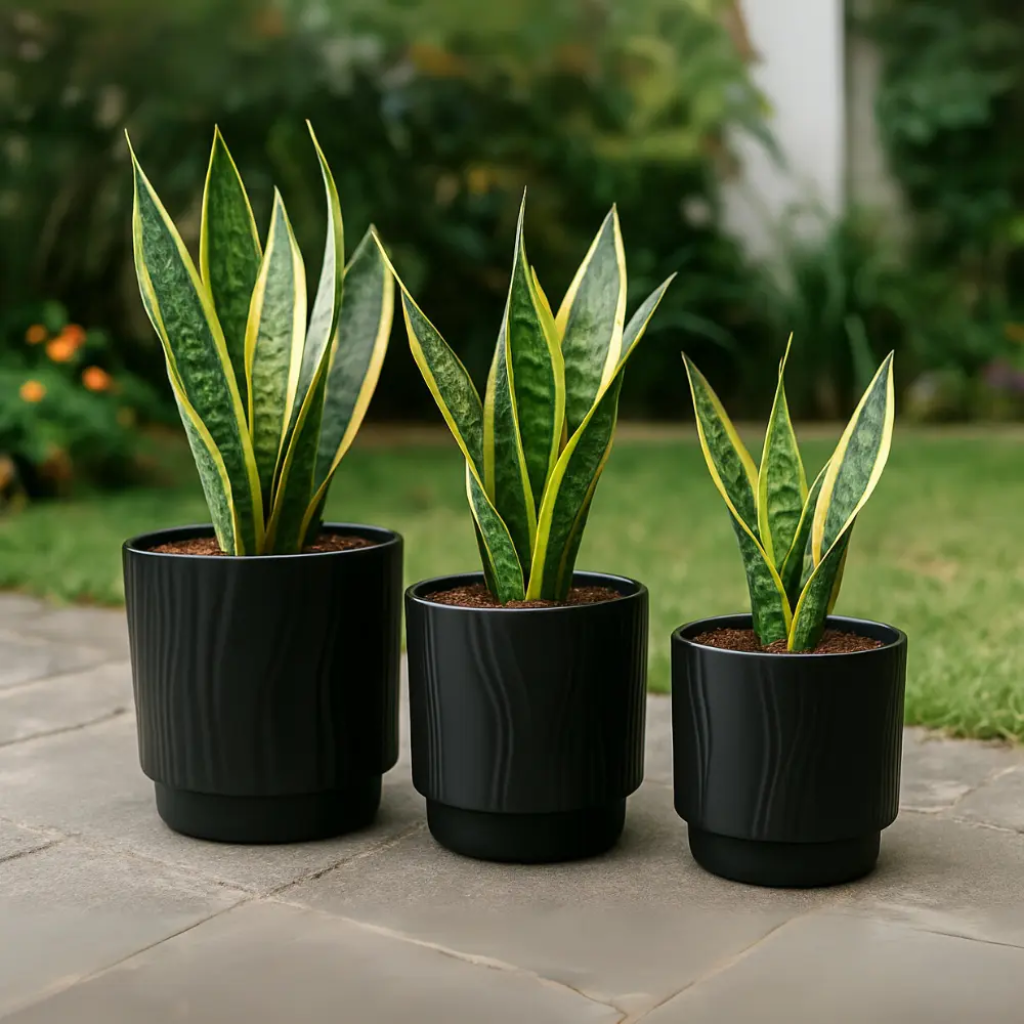 Set de 3 Maceteros de Cerámica Negro con Líneas